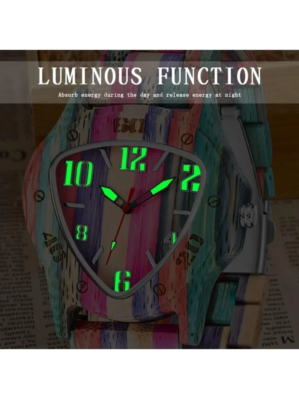 Men's Multi Color Analog Quartz Handmade Colorful Bamboo Triangle Wooden Watch